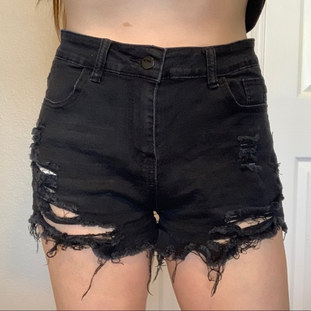 Black Distressed High Waisted Shorts